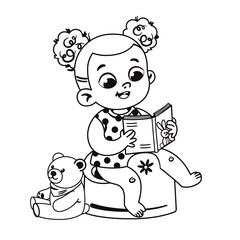 Wall Mural - Black and white cute little girl potty training and reading a book. Vector illustration.