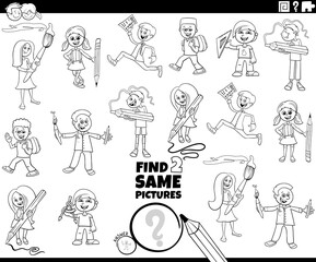 find two same school children task coloring book page