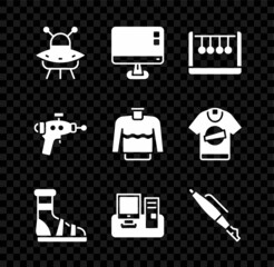 Sticker - Set UFO flying spaceship, Computer monitor screen, Pendulum, Slippers with socks, Monitor keyboard, Fountain pen nib, Ray gun and Sweater icon. Vector