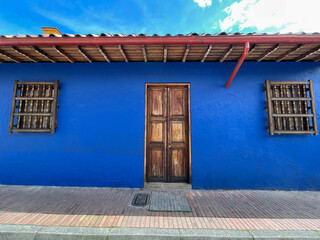 Blue Historical House in La Candelaria neighborhood in Bogota, Colombia