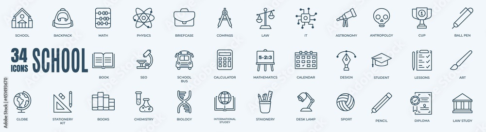 School Icons Set. Collection of linear simple web icons such as Math, Study, Calculator, Law, Briefcase, and other. Editable vector stroke. - obrazy, fototapety, plakaty 