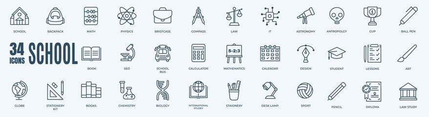 school icons set. collection of linear simple web icons such as math, study, calculator, law, briefc