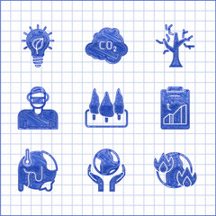 Sticker - Set Forest, Hands holding Earth globe, Global warming fire, Face protective mask, Withered tree and Light bulb with leaf icon. Vector