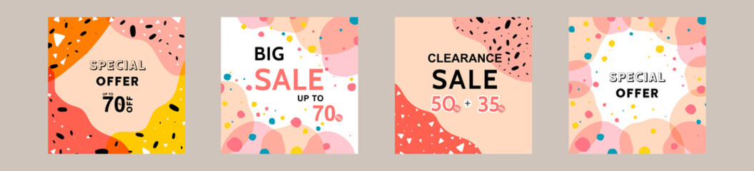 Wall Mural - Set collection of colorful social media post sale discount promotion template ad banner. With terrazzo seamless pattern, modern minimalistic trendy abstract background