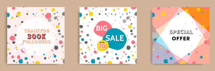 Wall Mural - Set collection of colorful social media post sale discount promotion template ad banner. With terrazzo seamless pattern, modern minimalistic trendy abstract background