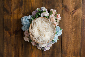 Basket on wood floor.