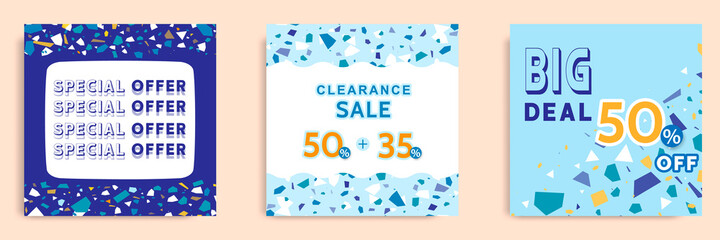 Wall Mural - Set collection of colorful social media post sale discount promotion template ad banner. With terrazzo seamless pattern, modern minimalistic trendy abstract background