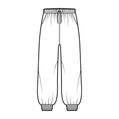 Wall Mural - Shorts Sweatpants technical fashion illustration with elastic cuffs, low waist, rise, drawstrings, midi ankle length. Flat training joggers trousers template front white color. Women unisex CAD mockup