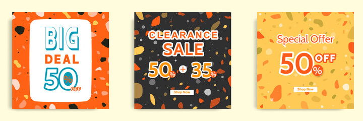 Wall Mural - Set collection of colorful social media post sale discount promotion template ad banner. With terrazzo seamless pattern, modern minimalistic trendy abstract background