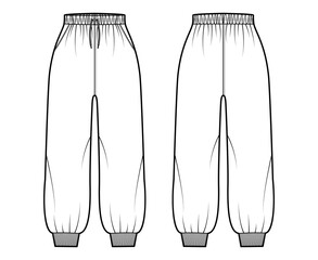 Shorts Sweatpants technical fashion illustration with elastic cuffs, normal waist, high rise, drawstrings, midi ankle length. Flat joggers trousers template front, back, white color. Women men mockup