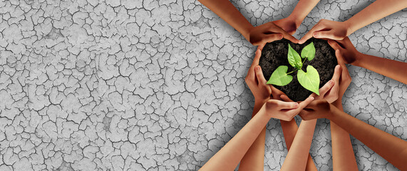 Wall Mural - Earth day support and climate change drought protection or agriculture security or ecology unity as heart hands in a group of people connected together helping protect a seedling from extreme weather 