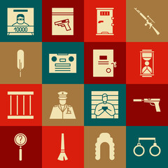 Sticker - Set Handcuffs, Pistol or gun with silencer, Old hourglass sand, Prison cell door, Retro audio cassette tape, Feather pen, Wanted poster and Lawsuit paper icon. Vector