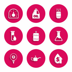 Set Propane gas tank, Canister for motor machine oil, Oil price increase, Test tube and flask, Motor gauge, petrol test, and icon. Vector