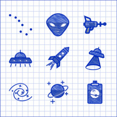 Poster - Set Rocket ship with fire, Planet, UFO flying spaceship, Black hole, Ray gun and Great Bear constellation icon. Vector