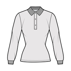 Wall Mural - Shirt polo fitted technical fashion illustration with long sleeves, tunic length, henley button neck, flat knit collar. Apparel top outwear template front grey color style. Women men unisex CAD mockup