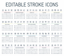 Vector thin line, editable stroke business icons. Finance, shopping, communication technology, market, app develop, education and transport, healthcare, environment and security. Flat symbols set