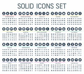 Vector illustration of solid black business icons. Finance, shopping, communication technology, market, app develop, education, transport, healthcare, environment and security. Flat symbols set