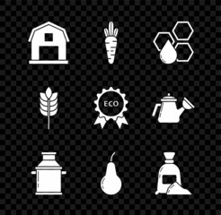 Poster - Set Farm House concept, Carrot, Honeycomb, Can container for milk, Pear, Bag of flour, Cereals with rice, wheat, corn, oats, rye and Banner, label, tag, logo eco icon. Vector