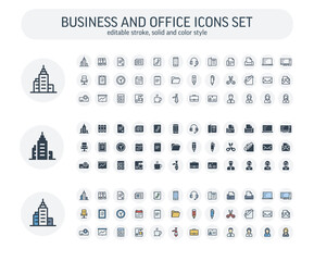 Vector editable stroke, solid, color style icons set. Illustration with business and office tools outline symbols. Documents, newspaper, telephone, fax, chair, projector screen thin line pictogram