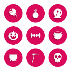 Sticker - Set Vampire teeth, Scythe, Skull, Halloween witch cauldron, Pumpkin, Magic ball and Eye icon. Vector