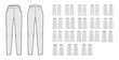 Set of Pants classic technical fashion illustration with low normal waist, high rise, full length, wide fitted legs, seam pockets. Flat trousers apparel template front, back, grey color. Women men CAD