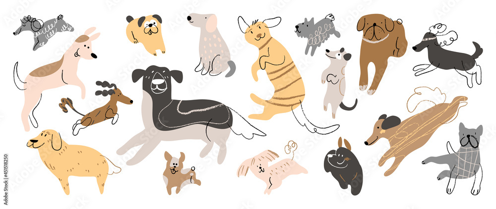 Cute dogs doodle vector set. Cartoon dog or puppy characters design ...