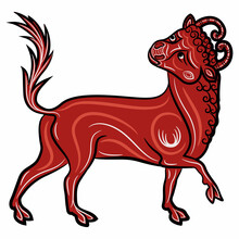 Stylized Red Bull Or Calf. Taurus Zodiac Sign. Medieval Illuminated Manuscript Animal Art. Isolated Vector Illustration.