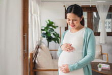 Asian Young Pregnant Woman Smile With Big Belly At Home