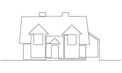 Wall Mural - One continuous line drawing of family two story house at village. Modern concept of Home architecture in simple linear style. Doodle Vector illustration