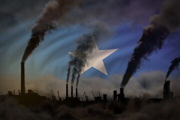 Wall Mural - dense smoke of plant chimneys on Somalia flag - global warming concept, background with place for your logo - industrial 3D illustration