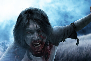 Poster - Scary zombie with blood and wound on his body crawling