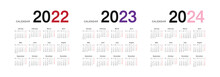 Year 2022 And Year 2023 And Year 2024 Calendar Vector Design Template, Simple And Clean Design. Calendar For 2022 And 2023 On White Background For Organization And Business. Week Starts Monday.