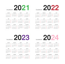 Year 2021 And Year 2022 And Year 2023 And Year 2024 Calendar Vector Design Template, Simple And Clean Design For Organization And Business. Week Starts Monday. 