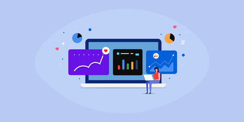 Social media marketing analytics software displaying data and diagram on dashboard screen, businesswoman monitoring social media account insights on laptop computer. Business marketing technology.