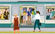 © Wanlee - Passengers on crowded platform boarding metro train. People travel by subway train vector illustration. City underground public transport. People watching mobile phone while commute by subway