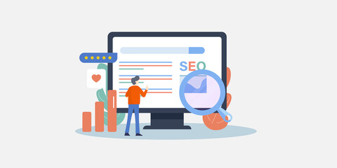Wall Mural - seo optimization illustration concept. businessman checking website ranking, keyword competition, se