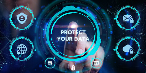 Wall Mural - Cyber security data protection business technology privacy concept. Young businessman  select the icon Protect your data on the virtual display.