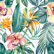 © Hanna - Seamless pattern of tropical leaves, orchid flowers and strelitzia, jungle background, watercolor painting
