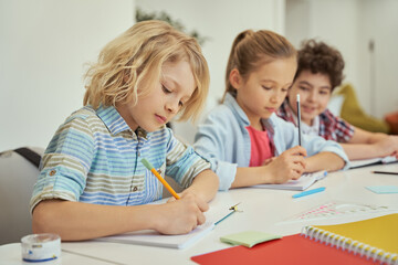 Quality education. Diligent schoolboy making notes during lesson. Kids studying, sitting together at the table in elementary school classroom