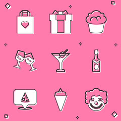 Poster - Set Shopping bag with heart, Gift box, Muffin, Glass of champagne, Martini glass, Champagne bottle, Slice pizza and Ice cream waffle cone icon. Vector