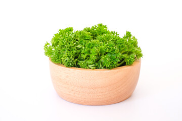 Side view composition with fresh green curley parsley leaves in the wooden bowl isolated on white background. One variety of Europe’s most popular herbs. 
