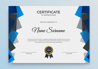 Modern blue triangle certificate template. Elegant blue certificate with line pattern. Premium white and blue certificate of appreciation template, clean modern design with gold badge
