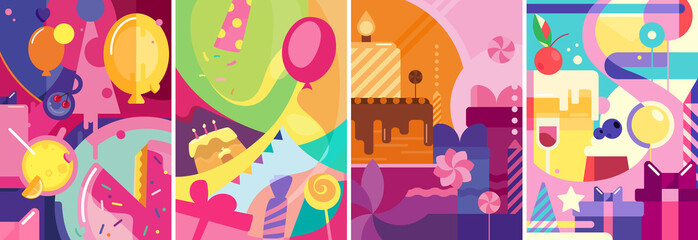 Wall Mural - Collection of Happy Birthday posters. Holiday postcard designs in flat style.