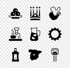 Poster - Set Olives on plate, Sagrada Familia, Spanish wineskin, Orujo, Map of Spain, Peineta, cook and Sangria icon. Vector