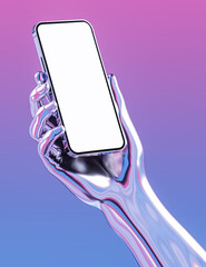 Wall Mural - Smartphone with a blank screen in metal hand - neon lighting in purple and blue color - abstract 3d illustration