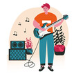 © DesignSells - People do their favorite hobby scene concept. Man is learning to play guitar. Musician performs song with guitar on stage, creative people activities. Vector illustration of characters in flat design