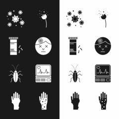 Wall Mural - Set Man having headache, Medicine bottle and pills, Bacteria, Flower producing pollen, Cockroach, Monitor with cardiogram, Hand psoriasis eczema and icon. Vector