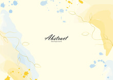 Abstract Background With Gold Leaves, Blue Blot And Gold Line With Watercolor Brush Texture. Vector Design.