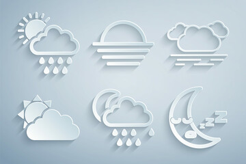 Sticker - Set Cloud with rain and moon, Sun cloud weather, Moon icon, Sunset and sun icon. Vector