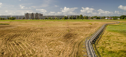 Canvas Print - Meadow, wooden path with railings and multi-storey houses.